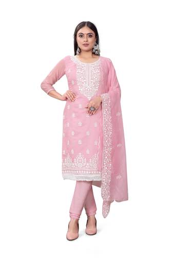 Pink Designer Embroidery Work Chanderi Cotton Semistiched Long Length Kameez Pant party wear salwarsuit