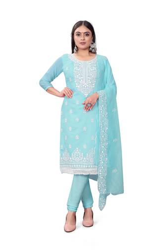 Blue Designer Embroidery Work Chanderi Cotton Semistiched Long Length Kameez Pant party wear salwarsuit