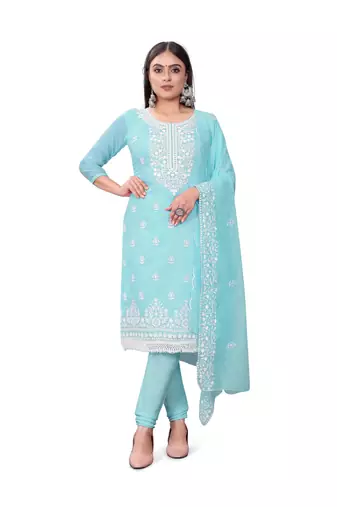 Blue Designer Embroidery Work Chanderi Cotton Semistiched Long Length Kameez Pant party wear salwarsuit