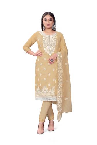 Beige Designer Embroidery Work Chanderi Cotton Semistiched Long Length Kameez Pant party wear salwarsuit