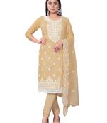 Beige Designer Embroidery Work Chanderi Cotton Semistiched Long Length Kameez Pant party wear salwarsuit