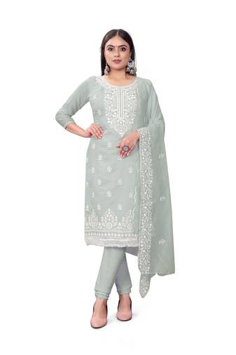 Grey Designer Embroidery Work Chanderi Cotton Semistiched Long Length Kameez Pant party wear salwarsuit
