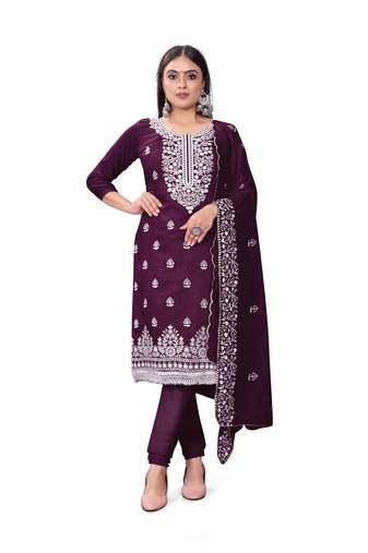Wine Designer Embroidery Work Chanderi Cotton Semistiched Long Length Kameez Pant party wear salwarsuit