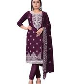 Wine Designer Embroidery Work Chanderi Cotton Semistiched Long Length Kameez Pant party wear salwarsuit