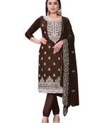 Brown Designer Embroidery Work Chanderi Cotton Semistiched Long Length Kameez Pant party wear salwarsuit