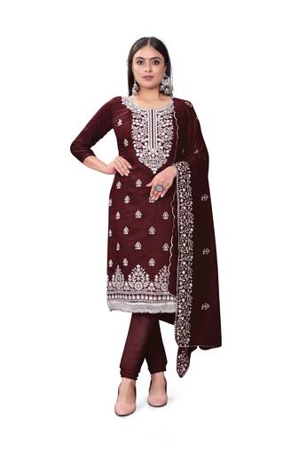 Coffee Designer Embroidery Work Chanderi Cotton Semistiched Long Length Kameez Pant party wear salwarsuit