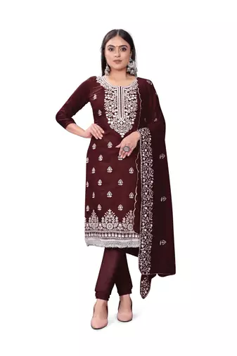 Coffee Designer Embroidery Work Chanderi Cotton Semistiched Long Length Kameez Pant party wear salwarsuit