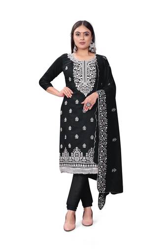 Black Designer Embroidery Work Chanderi Cotton Semistiched Long Length Kameez Pant party wear salwarsuit