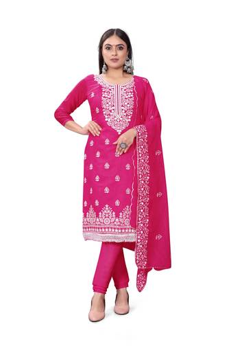 Pink Designer Embroidery Work Chanderi Cotton Semistiched Long Length Kameez Pant party wear salwarsuit