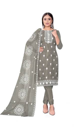Grey Designer Embroidery Work Organza Semistiched Long Length Kameez Pant party wear salwarsuit
