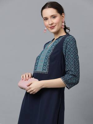 Ziyaa women's navy blue crepe straight kurta and pant set 1