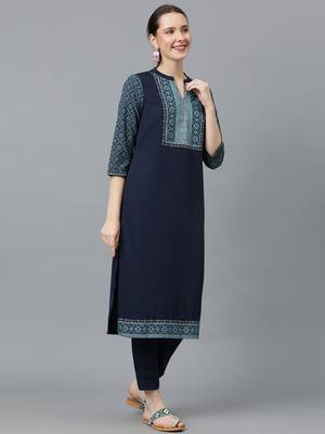 Ziyaa women's navy blue crepe straight kurta and pant set 2