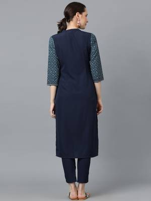 Ziyaa women's navy blue crepe straight kurta and pant set 3