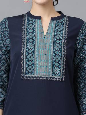 Ziyaa women's navy blue crepe straight kurta and pant set 4
