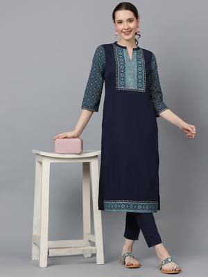 Ziyaa women's navy blue crepe straight kurta and pant set 5