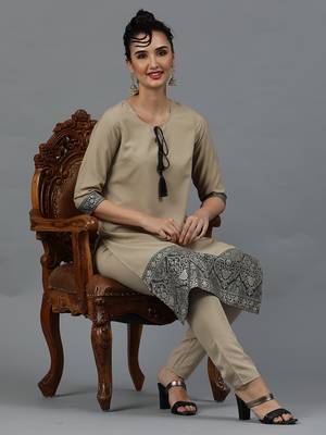 Ziyaa women's beige crepe straight kurta and pant set 1