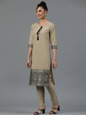 Ziyaa women's beige crepe straight kurta and pant set 2