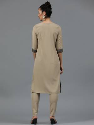 Ziyaa women's beige crepe straight kurta and pant set 3
