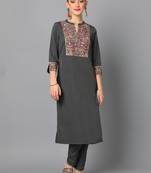 Ziyaa women's dark grey crepe straight kurta and pant set