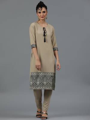 Ziyaa women's beige crepe straight kurta and pant set 5