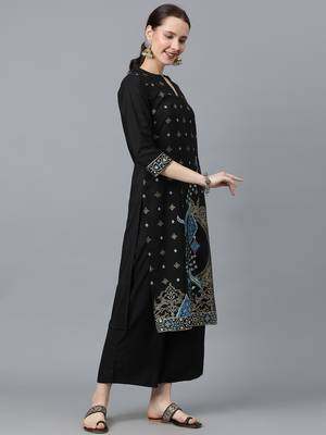 Ziyaa women's black crepe straight kurta and palazzo set 2