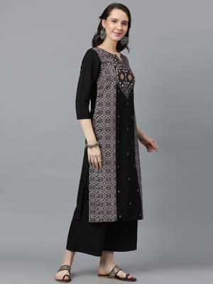 Ziyaa women's black crepe straight kurta and palazzo set 2