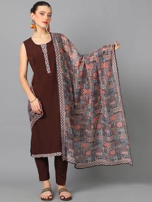 Ziyaa women's brown crepe straight kurta, pant and dupatta set 1