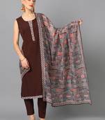 Ziyaa women's brown crepe straight kurta, pant and dupatta set