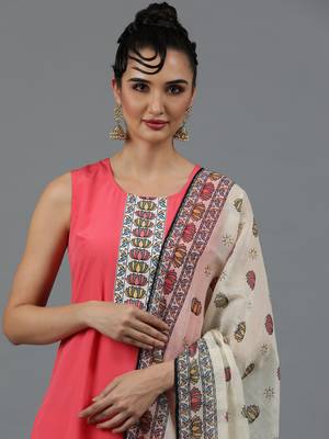 Ziyaa women's coral crepe straight kurta, pant and dupatta set 2