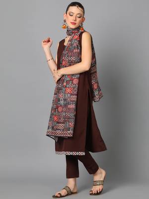 Ziyaa women's brown crepe straight kurta, pant and dupatta set 2