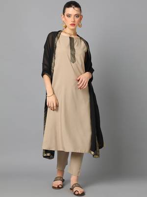 Ziyaa women's beige crepe a-line kurta, pant and dupatta set 1