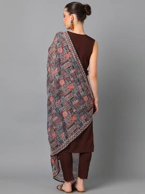 Ziyaa women's brown crepe straight kurta, pant and dupatta set 3