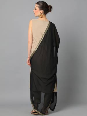 Ziyaa women's beige crepe a-line kurta, pant and dupatta set 3