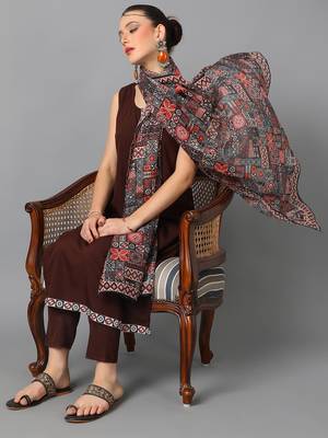 Ziyaa women's brown crepe straight kurta, pant and dupatta set 5