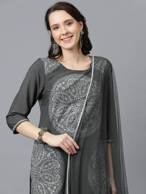 Ziyaa women's grey crepe straight kurta, palazzo and dupatta set 2
