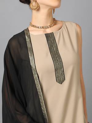 Ziyaa women's beige crepe a-line kurta, pant and dupatta set 4
