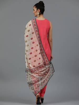 Ziyaa women's coral crepe straight kurta, pant and dupatta set 4