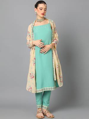 Ziyaa women's aqua green crepe straight kurta, pant and dupatta set 1