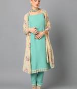 Ziyaa women's aqua green crepe straight kurta, pant and dupatta set