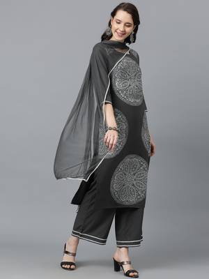 Ziyaa women's grey crepe straight kurta, palazzo and dupatta set 3