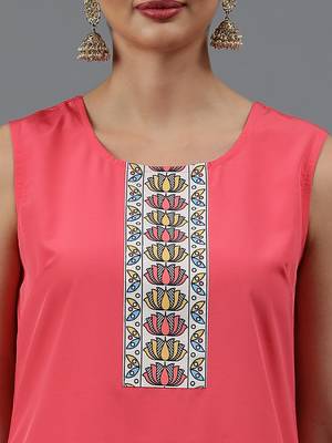 Ziyaa women's coral crepe straight kurta, pant and dupatta set 5