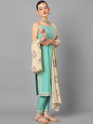 Ziyaa women's aqua green crepe straight kurta, pant and dupatta set 2
