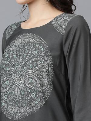 Ziyaa women's grey crepe straight kurta, palazzo and dupatta set 5