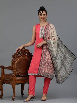 Ziyaa women's coral crepe straight kurta, pant and dupatta set 1