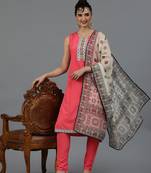 Ziyaa women's coral crepe straight kurta, pant and dupatta set