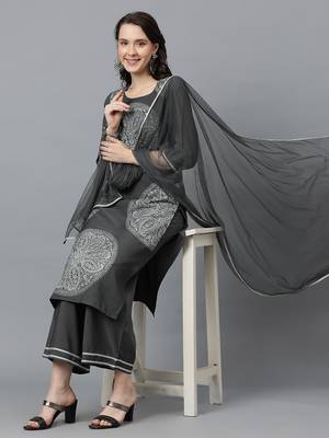 Ziyaa women's grey crepe straight kurta, palazzo and dupatta set 1