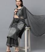 Ziyaa women's grey crepe straight kurta, palazzo and dupatta set