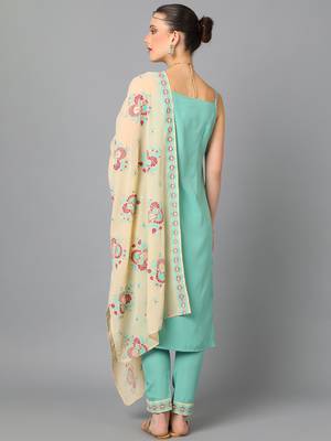 Ziyaa women's aqua green crepe straight kurta, pant and dupatta set 3