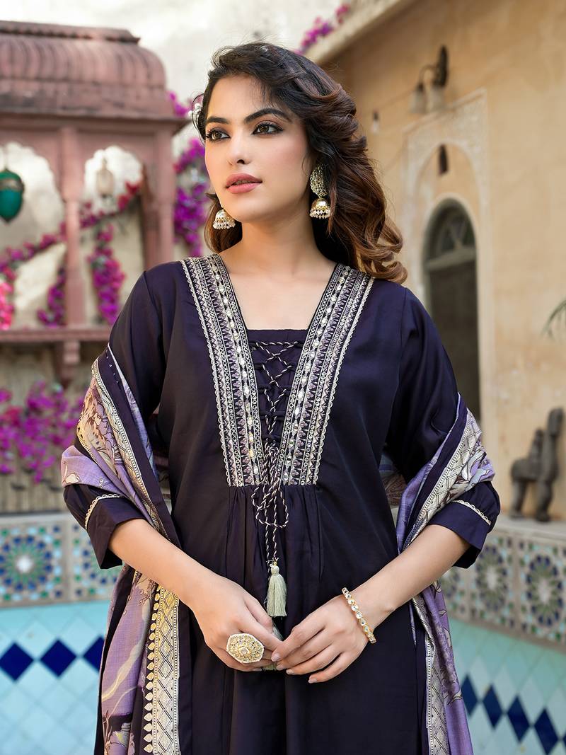 Purple Yufta Kurta Purple Yufta Kurta Purple Pure Cotton Kurta Dupatta Set With Thread Work  Detailing