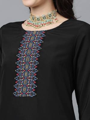 Ziyaa women's black crepe straight kurta, pant and dupatta set 4